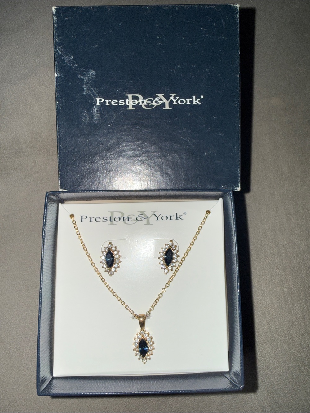 Preston & York Gold-Tone Necklace and Earring Set with Blue Stones